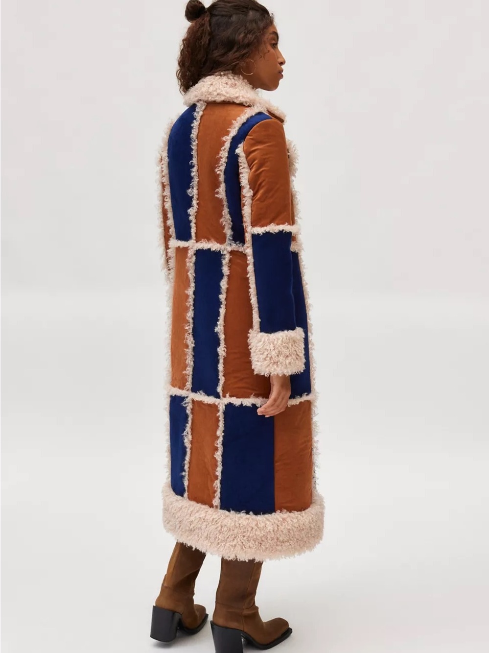Kimchi Blue Ember Patchwork Faux Fur Coat Navy Rust S - Picture 5 of 8